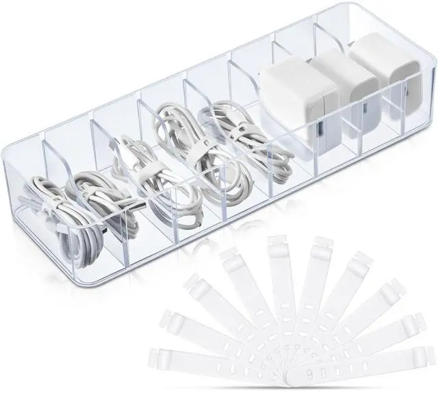 Main image of 1 Pcs Cable Organizer with 10 Wire Ties, Plastic Cord Storage Charger Box Electronics Organizer with Adjustment Compartments Cable Storage for Drawer Home Office Desk Accessories (Clear)
