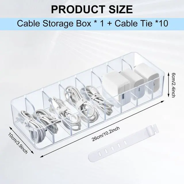 Alt view image 2 of 7 - 1 Pcs Cable Organizer with 10 Wire Ties, Plastic Cord Storage Charger Box Electronics Organizer with Adjustment Compartments Cable Storage for Drawer Home Office Desk Accessories (Clear)