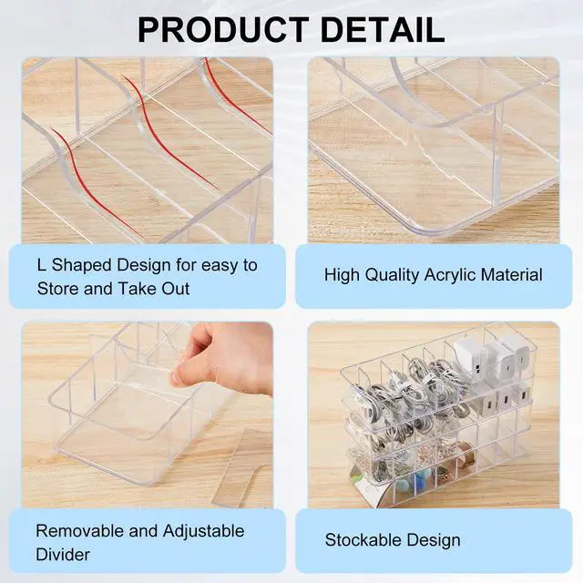 Alt view image 3 of 7 - 4 Pcs Cable Organizer with 40 Wire Ties, Plastic Cord Storage Charger Box Electronics Organizer with Adjustment Compartments Cable Storage for Drawer Home Office Desk Accessories (Clear)