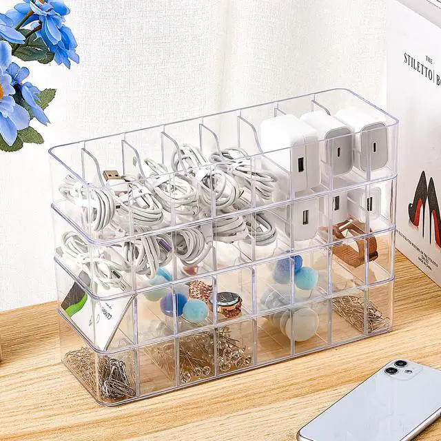 Alt view image 4 of 7 - 4 Pcs Cable Organizer with 40 Wire Ties, Plastic Cord Storage Charger Box Electronics Organizer with Adjustment Compartments Cable Storage for Drawer Home Office Desk Accessories (Clear)