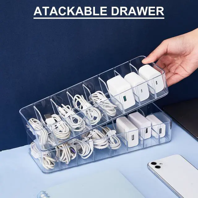 Alt view image 5 of 7 - 4 Pcs Cable Organizer with 40 Wire Ties, Plastic Cord Storage Charger Box Electronics Organizer with Adjustment Compartments Cable Storage for Drawer Home Office Desk Accessories (Clear)