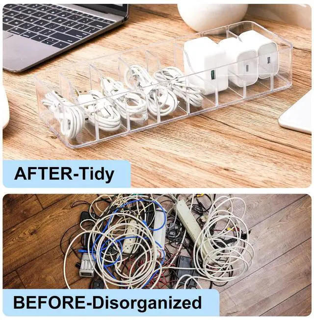 Alt view image 6 of 7 - 4 Pcs Cable Organizer with 40 Wire Ties, Plastic Cord Storage Charger Box Electronics Organizer with Adjustment Compartments Cable Storage for Drawer Home Office Desk Accessories (Clear)