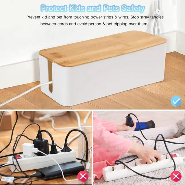 Alt view image 2 of 7 - Cable Management Box Organizer, Set of 2 Bamboo Lid Large Storage Wire Holder to Conceal Hide Surge Protector, Power Strips Cord on Desk Floor, with 5 Cables Tape for Home Office Computer TV USB Hub