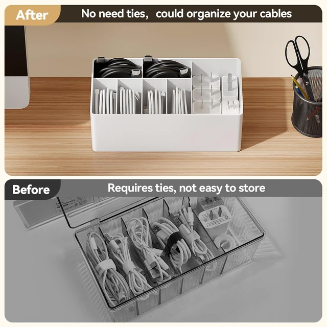 Alt view image 4 of 7 - Charger Cable Cord Storage Organizer Easy storage without ties charger cable organizer Cable Management Boxes - 1 Pack white