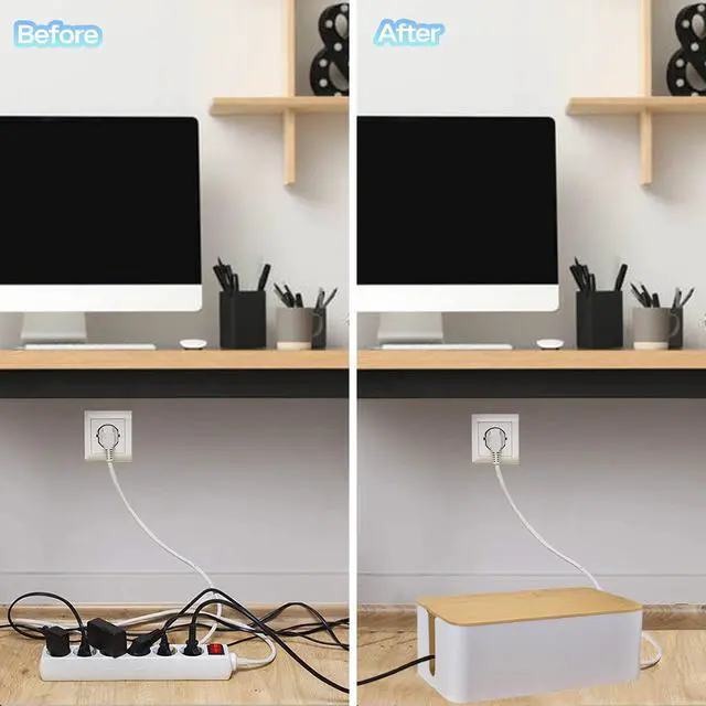 Alt view image 3 of 7 - Cable Management Box Organizer, Set of 2 Bamboo Lid Large Storage Wire Holder to Conceal Hide Surge Protector, Power Strips Cord on Desk Floor, with 5 Cables Tape for Home Office Computer TV USB Hub