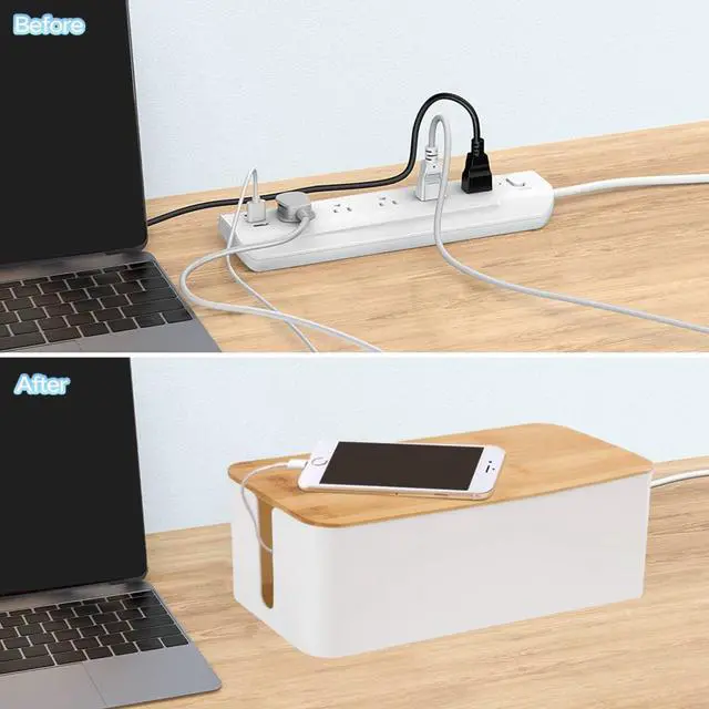 Alt view image 4 of 7 - Cable Management Box Organizer, Set of 2 Bamboo Lid Large Storage Wire Holder to Conceal Hide Surge Protector, Power Strips Cord on Desk Floor, with 5 Cables Tape for Home Office Computer TV USB Hub