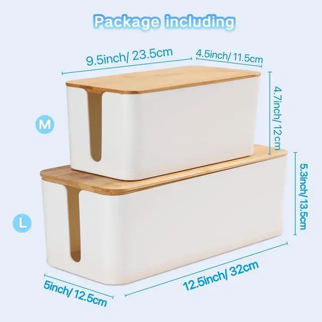 Alt view image 7 of 7 - Cable Management Box Organizer, Set of 2 Bamboo Lid Large Storage Wire Holder to Conceal Hide Surge Protector, Power Strips Cord on Desk Floor, with 5 Cables Tape for Home Office Computer TV USB Hub