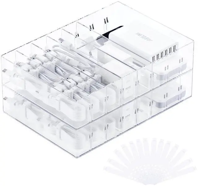 Main image of 2 Pcs Clear Cable Charger Organizer Box, Large | Adjustable Compartments, Stackable to Save Space, 14 Wire Ties, Easy Access, Fits Drawer, Desk & Office