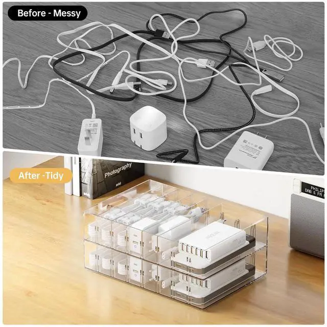 Alt view image 5 of 7 - 2 Pcs Clear Cable Charger Organizer Box, Large | Adjustable Compartments, Stackable to Save Space, 14 Wire Ties, Easy Access, Fits Drawer, Desk & Office