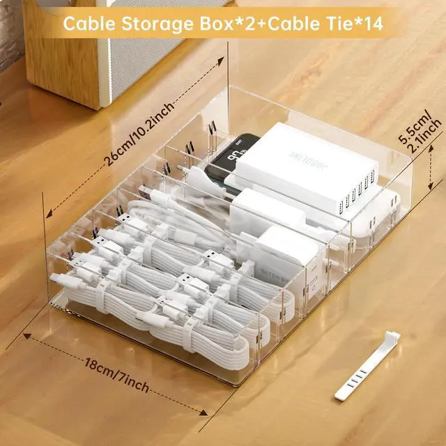 Alt view image 7 of 7 - 2 Pcs Clear Cable Charger Organizer Box, Large | Adjustable Compartments, Stackable to Save Space, 14 Wire Ties, Easy Access, Fits Drawer, Desk & Office