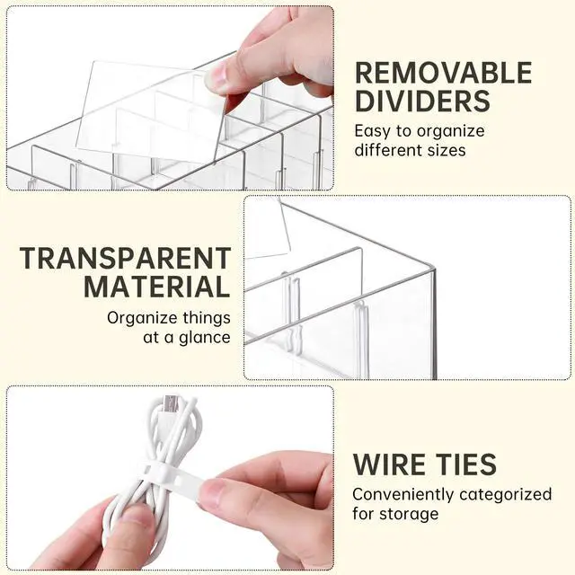 Alt view image 4 of 7 - 2 Pcs Clear Cable Charger Organizer Box, Large | Adjustable Compartments, Stackable to Save Space, 14 Wire Ties, Easy Access, Fits Drawer, Desk & Office