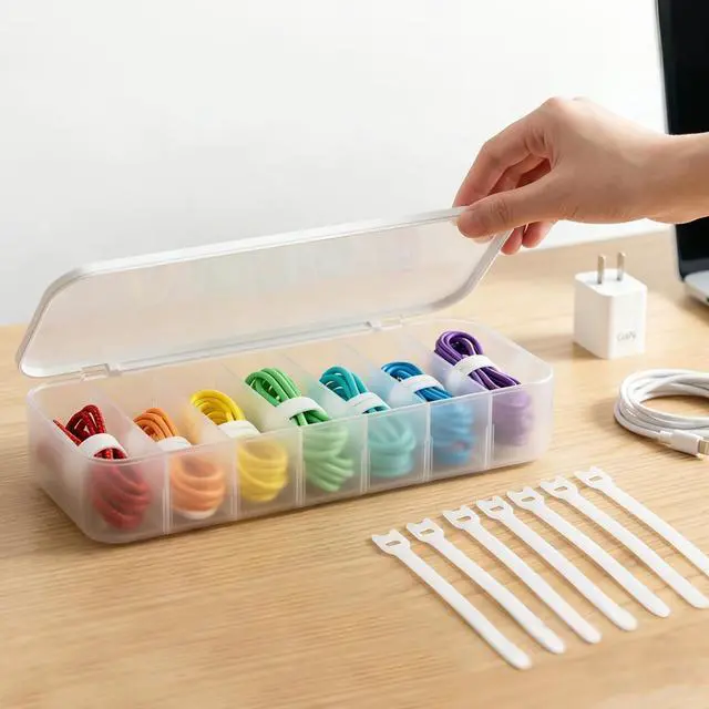 Main image of Cable Organizer Box with 7 Wire Ties, 1 Pack Desktop Cord Management Storage Case with Lid, 7 Compartments for Chargers Cables for Office Home Desk Accessories Cords (White)