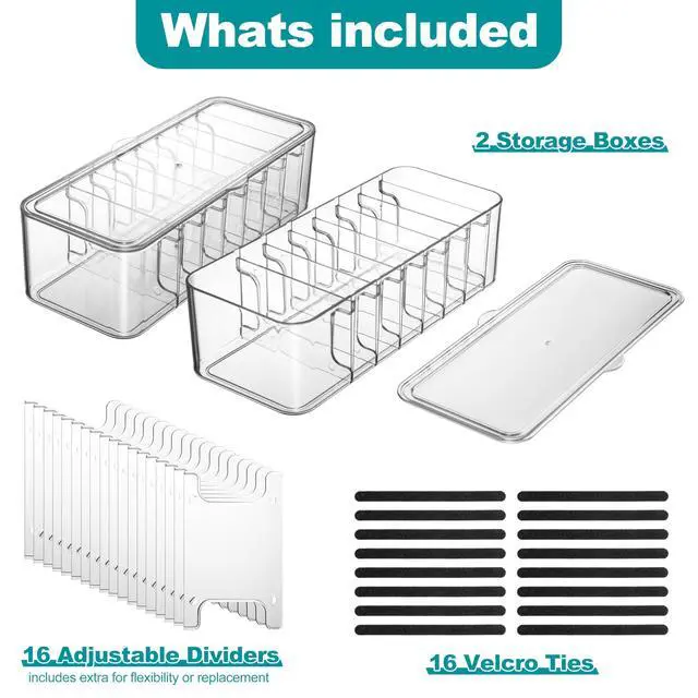 Alt view image 5 of 7 - Cord Organizer Box 2 Pack Clear Cable Organizer with Adjustable Dividers, Fits Up to 10ft Cables, Cord Storage Organizer for Chargers & Tech Accessories Includes 16 Velcro Ties
