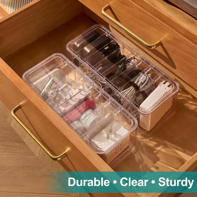 Alt view image 7 of 7 - Cord Organizer Box 2 Pack Clear Cable Organizer with Adjustable Dividers, Fits Up to 10ft Cables, Cord Storage Organizer for Chargers & Tech Accessories Includes 16 Velcro Ties