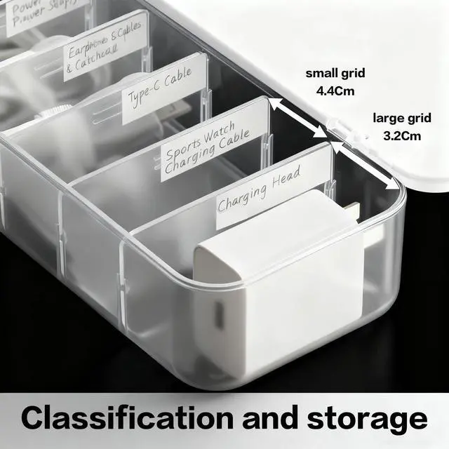 Alt view image 6 of 7 - Cable Organizer Box with 7 Wire Ties, 1 Pack Desktop Cord Management Storage Case with Lid, 7 Compartments for Chargers Cables for Office Home Desk Accessories Cords (White)