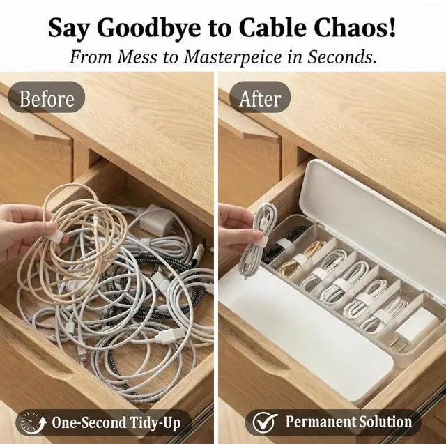 Alt view image 7 of 7 - Cable Organizer Box with 7 Wire Ties, 1 Pack Desktop Cord Management Storage Case with Lid, 7 Compartments for Chargers Cables for Office Home Desk Accessories Cords (White)