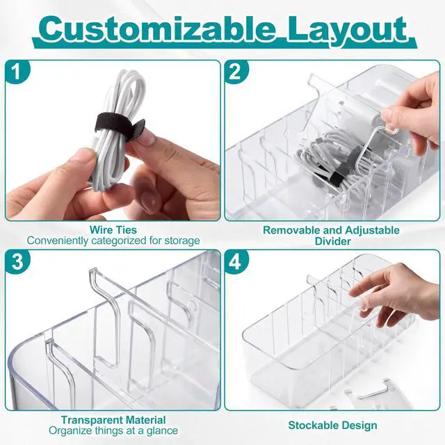 Alt view image 2 of 7 - Cord Organizer Box 2 Pack Clear Cable Organizer with Adjustable Dividers, Fits Up to 10ft Cables, Cord Storage Organizer for Chargers & Tech Accessories Includes 16 Velcro Ties