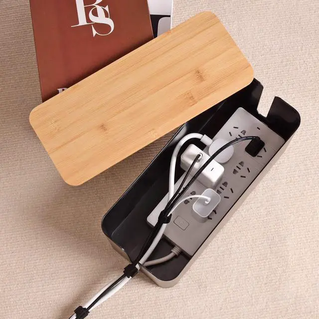 Alt view image 3 of 7 - Cable Management Box - Wooden Style Cord Organizer Box to Hide Wires & Power Strips | Desk Computer Cable Organizer Box | Safe ABS Material | 12.6" (L) x 5.3" (W) 4.9" (H) | for Home & Office - Black