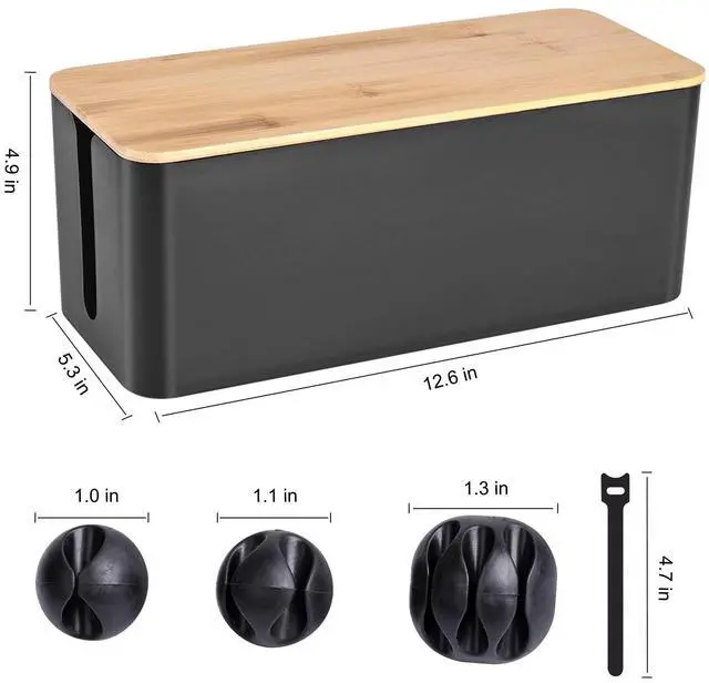 Alt view image 2 of 7 - Cable Management Box - Wooden Style Cord Organizer Box to Hide Wires & Power Strips | Desk Computer Cable Organizer Box | Safe ABS Material | 12.6" (L) x 5.3" (W) 4.9" (H) | for Home & Office - Black