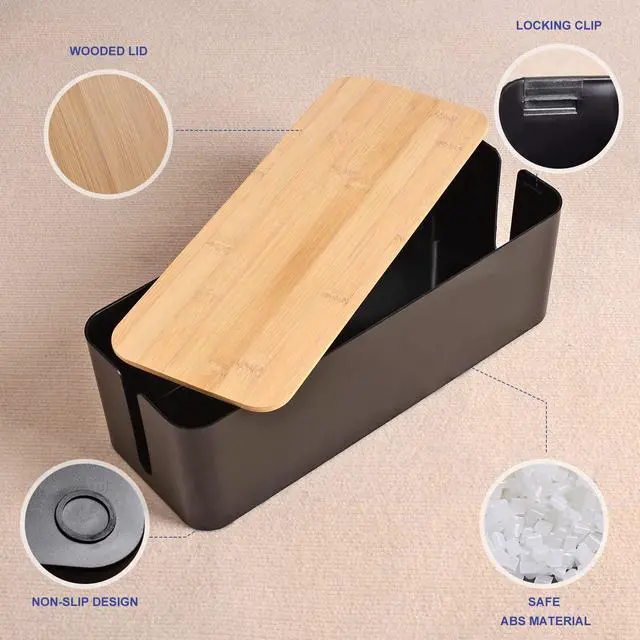 Alt view image 4 of 7 - Cable Management Box - Wooden Style Cord Organizer Box to Hide Wires & Power Strips | Desk Computer Cable Organizer Box | Safe ABS Material | 12.6" (L) x 5.3" (W) 4.9" (H) | for Home & Office - Black