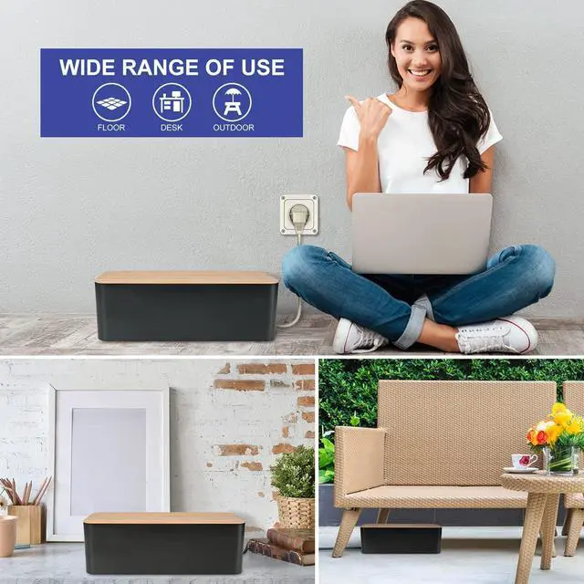 Alt view image 7 of 7 - Cable Management Box - Wooden Style Cord Organizer Box to Hide Wires & Power Strips | Desk Computer Cable Organizer Box | Safe ABS Material | 12.6" (L) x 5.3" (W) 4.9" (H) | for Home & Office - Black