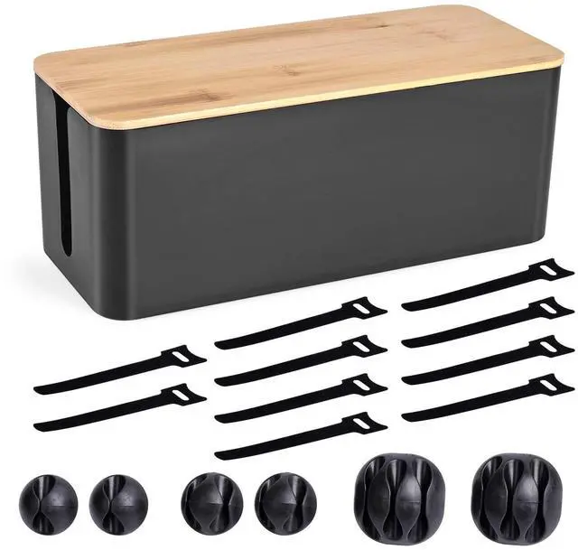 Main image of Cable Management Box - Wooden Style Cord Organizer Box to Hide Wires & Power Strips | Desk Computer Cable Organizer Box | Safe ABS Material | 12.6" (L) x 5.3" (W) 4.9" (H) | for Home & Office - Black