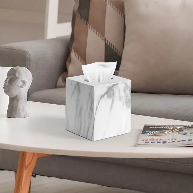 Alt view image 2 of 7 - Tissue Box Cover, Square Facial Acrylic Tissue Holder with 2 Pack Clear Qtip Holder Dispenser, Bathroom Vanity Dresser Night Stand Essentials Accessories Decor, Modern Farmhouse Decor, Marble