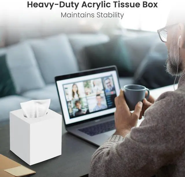 Alt view image 6 of 6 - Tissue Box Cover,Square Acrylic Tissue Holder with Non-Slip Base,White | Fits standard facial tissue boxes,modern decorative aesthetic for bathroom countertops,dressers,night stand,parlors,office