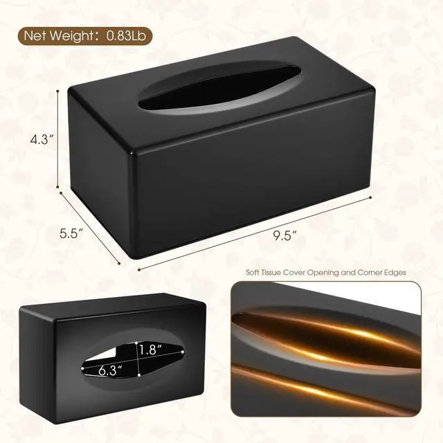 Alt view image 3 of 7 - Tissue Box Cover, Rectangle Facial Tissue Holder with Bottom, Decorative Storage Organizer Box for Bathroom Vanity, Countertops, Dressers, Night Stand, Parlors and Offices - Matte Black
