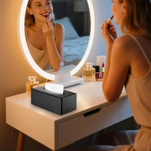 Alt view image 2 of 7 - Tissue Box Cover, Rectangle Facial Tissue Holder with Bottom, Decorative Storage Organizer Box for Bathroom Vanity, Countertops, Dressers, Night Stand, Parlors and Offices - Matte Black