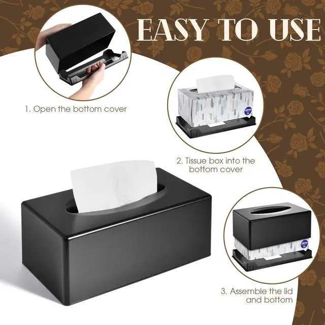 Alt view image 7 of 7 - Tissue Box Cover, Rectangle Facial Tissue Holder with Bottom, Decorative Storage Organizer Box for Bathroom Vanity, Countertops, Dressers, Night Stand, Parlors and Offices - Matte Black