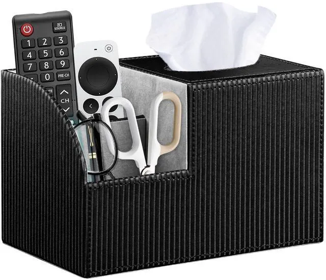 Main image of Tissue Box Cover Square with Storage, PU Leather Cube Tissue Box Holder, Multifunction Remote Control Nightstand Organizer, Modern Desk Caddy for End Table, Bathroom, Home, Office Decor