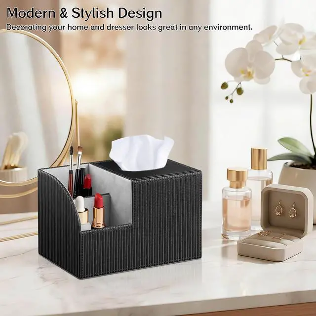 Alt view image 6 of 7 - Tissue Box Cover Square with Storage, PU Leather Cube Tissue Box Holder, Multifunction Remote Control Nightstand Organizer, Modern Desk Caddy for End Table, Bathroom, Home, Office Decor