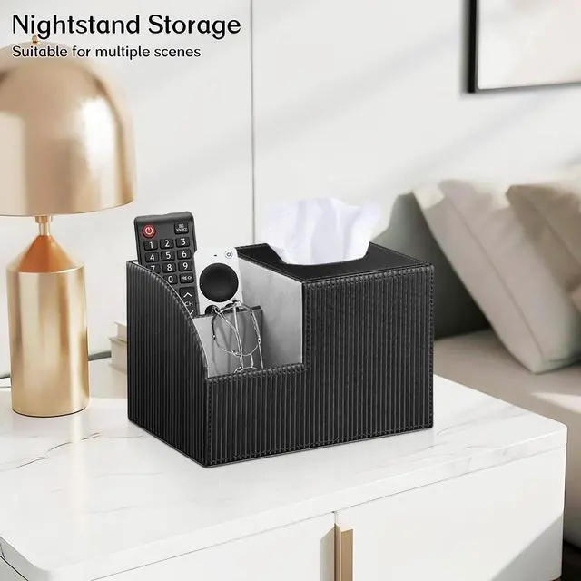 Alt view image 7 of 7 - Tissue Box Cover Square with Storage, PU Leather Cube Tissue Box Holder, Multifunction Remote Control Nightstand Organizer, Modern Desk Caddy for End Table, Bathroom, Home, Office Decor