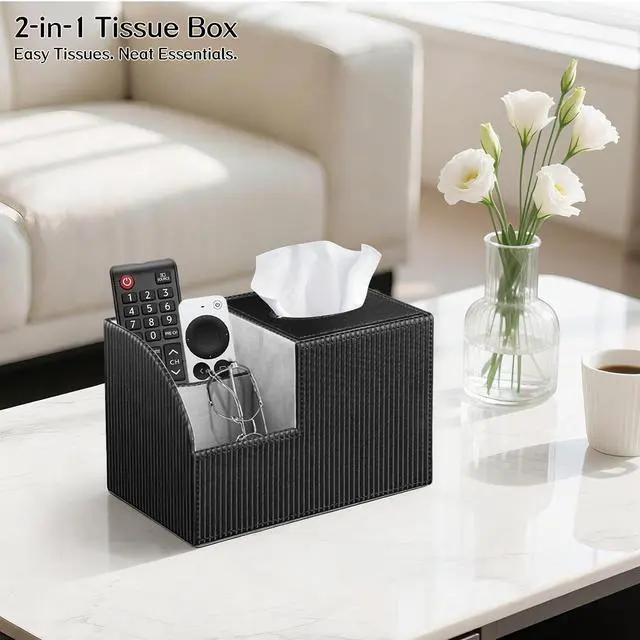 Alt view image 2 of 7 - Tissue Box Cover Square with Storage, PU Leather Cube Tissue Box Holder, Multifunction Remote Control Nightstand Organizer, Modern Desk Caddy for End Table, Bathroom, Home, Office Decor
