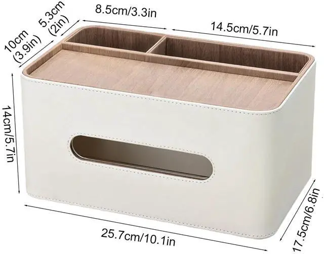 Alt view image 2 of 7 - PU Leather Tissue Box Cover Rectangular with Storage Organizer, Multifunctional Remote Control Holder, Desk Organizer for Living Room, Bedroom, Office, Decorative Tissue Holder with Compartments Beige