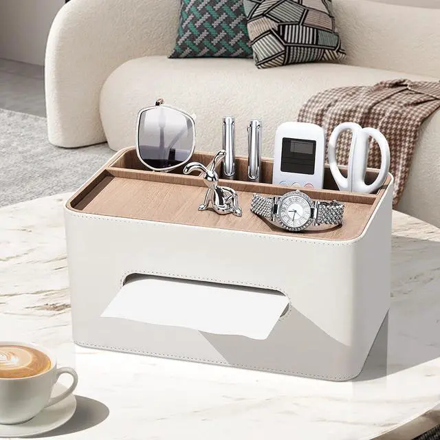 Alt view image 3 of 7 - PU Leather Tissue Box Cover Rectangular with Storage Organizer, Multifunctional Remote Control Holder, Desk Organizer for Living Room, Bedroom, Office, Decorative Tissue Holder with Compartments Beige