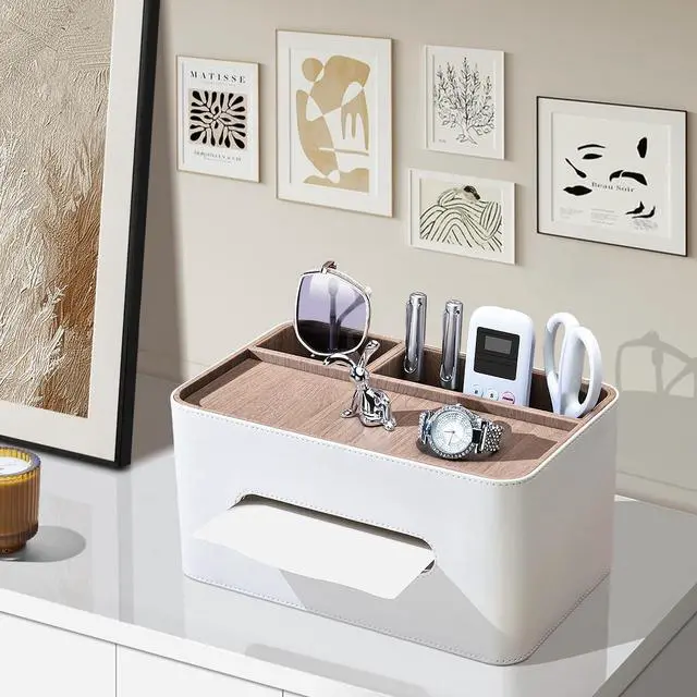 Alt view image 4 of 7 - PU Leather Tissue Box Cover Rectangular with Storage Organizer, Multifunctional Remote Control Holder, Desk Organizer for Living Room, Bedroom, Office, Decorative Tissue Holder with Compartments Beige