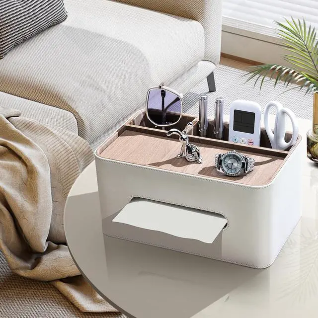 Alt view image 5 of 7 - PU Leather Tissue Box Cover Rectangular with Storage Organizer, Multifunctional Remote Control Holder, Desk Organizer for Living Room, Bedroom, Office, Decorative Tissue Holder with Compartments Beige