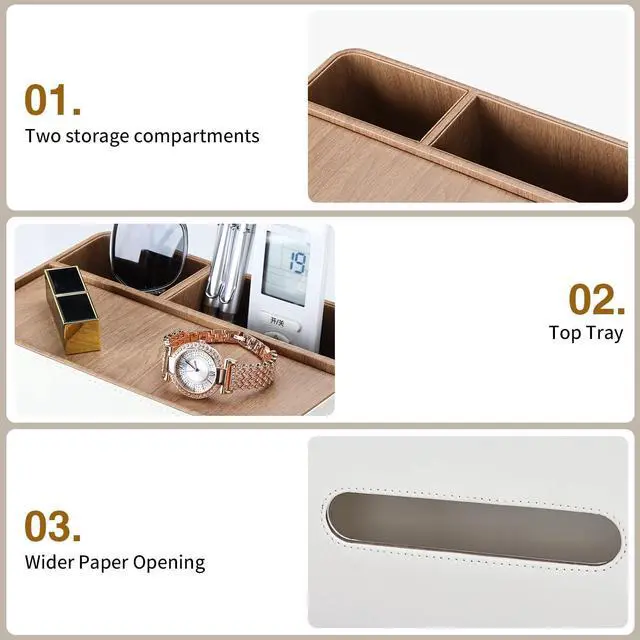 Alt view image 6 of 7 - PU Leather Tissue Box Cover Rectangular with Storage Organizer, Multifunctional Remote Control Holder, Desk Organizer for Living Room, Bedroom, Office, Decorative Tissue Holder with Compartments Beige