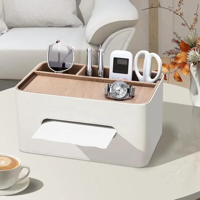 Alt view image 7 of 7 - PU Leather Tissue Box Cover Rectangular with Storage Organizer, Multifunctional Remote Control Holder, Desk Organizer for Living Room, Bedroom, Office, Decorative Tissue Holder with Compartments Beige