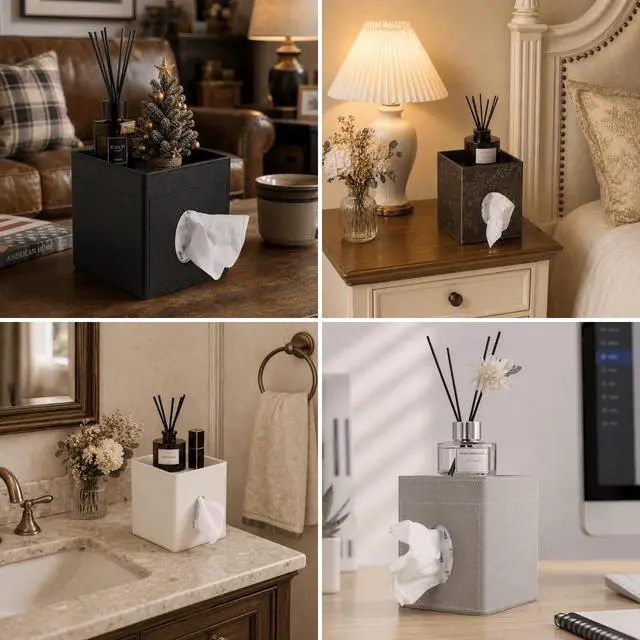 Alt view image 7 of 7 - Leather Tissue Box Cover with Storage Tray, Square Facial Tissue Box Holder for Bathroom, Office Table, Countertop, Night Stand & More (Black)
