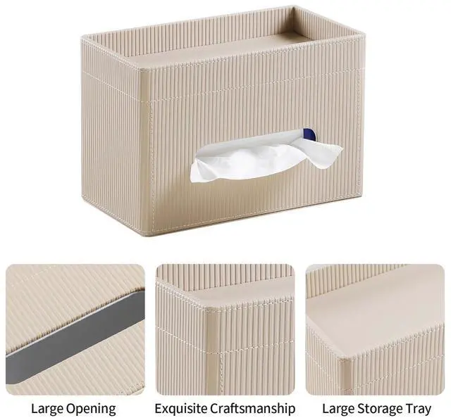 Alt view image 4 of 7 - Tissue Box Cover Rectangle with Storage Tray, PU Leather Tissue Holder for Bathroom Vanity Countertop Night Stands Bedroom Office Desk, Stylish Rectangular Tissue Box Holder (Beige)