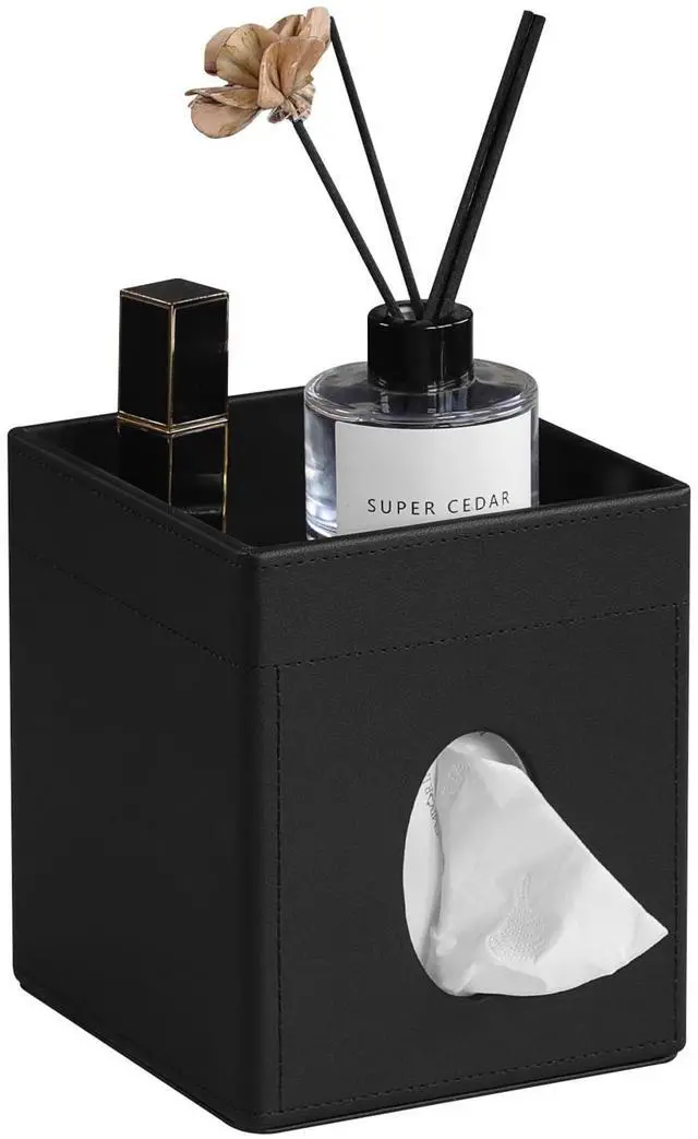 Main image of Tissue Box Cover, PU Leather Square Tissue Box Holder with Storage Tray for Bathroom Vanity Countertop Night Stands Bedroom Office Desk, Stylish Tissue Holder Decorative Organizer (Black)