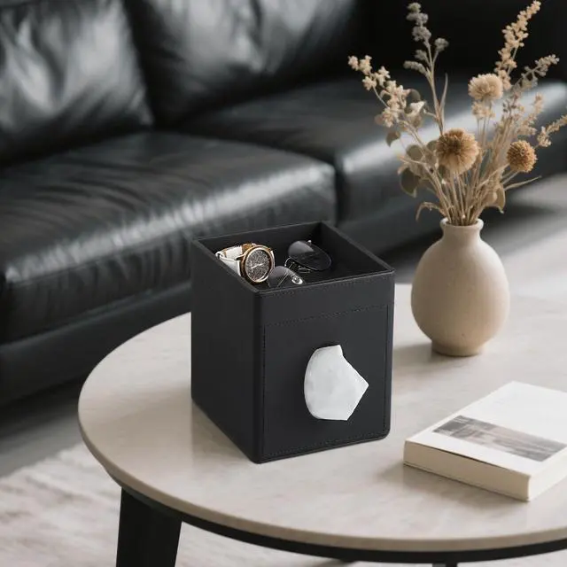 Alt view image 2 of 7 - Tissue Box Cover, PU Leather Square Tissue Box Holder with Storage Tray for Bathroom Vanity Countertop Night Stands Bedroom Office Desk, Stylish Tissue Holder Decorative Organizer (Black)