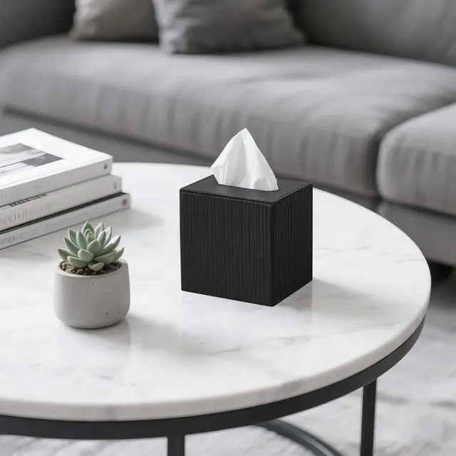 Alt view image 2 of 7 - Tissue Box Cover PU Leather Square Tissue Box Holder with Bottom, Decorative Facial Cube Organizer for Bedroom Bathroom Dresser Vanity Countertop Night Stands Home Office Desk (Black)
