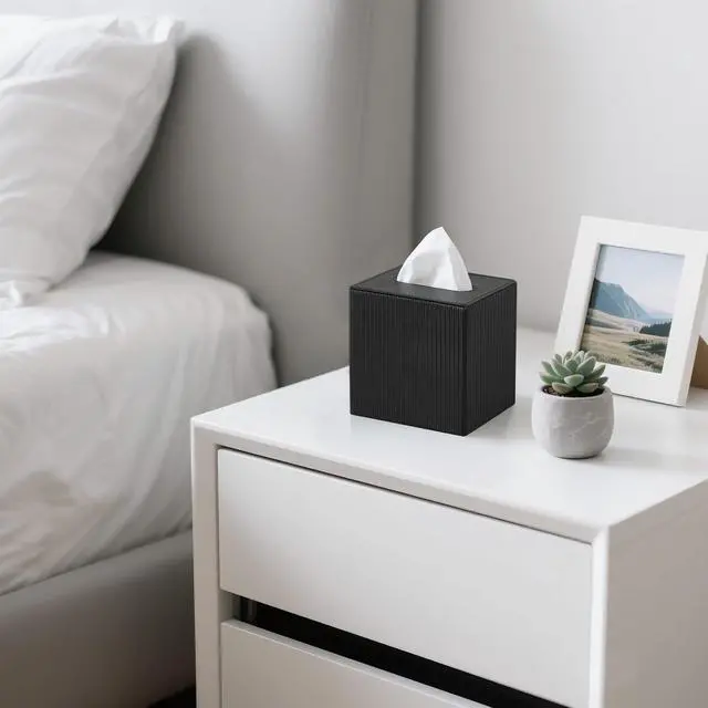 Alt view image 4 of 7 - Tissue Box Cover PU Leather Square Tissue Box Holder with Bottom, Decorative Facial Cube Organizer for Bedroom Bathroom Dresser Vanity Countertop Night Stands Home Office Desk (Black)
