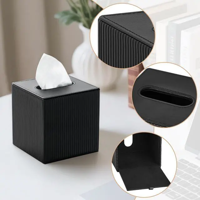 Alt view image 5 of 7 - Tissue Box Cover PU Leather Square Tissue Box Holder with Bottom, Decorative Facial Cube Organizer for Bedroom Bathroom Dresser Vanity Countertop Night Stands Home Office Desk (Black)
