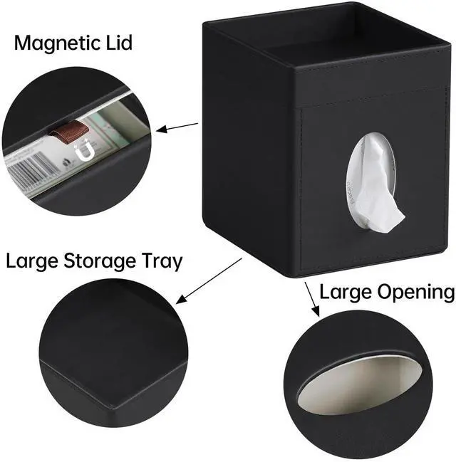 Alt view image 3 of 7 - Tissue Box Cover, PU Leather Square Tissue Box Holder with Storage Tray for Bathroom Vanity Countertop Night Stands Bedroom Office Desk, Stylish Tissue Holder Decorative Organizer (Black)