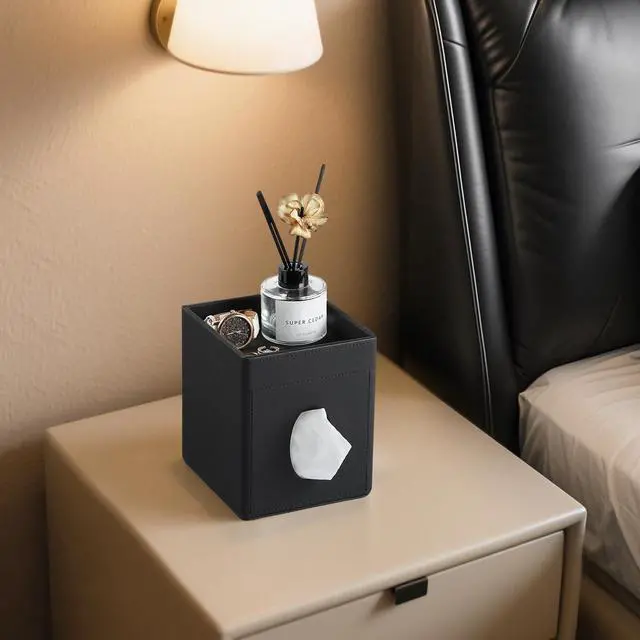 Alt view image 5 of 7 - Tissue Box Cover, PU Leather Square Tissue Box Holder with Storage Tray for Bathroom Vanity Countertop Night Stands Bedroom Office Desk, Stylish Tissue Holder Decorative Organizer (Black)